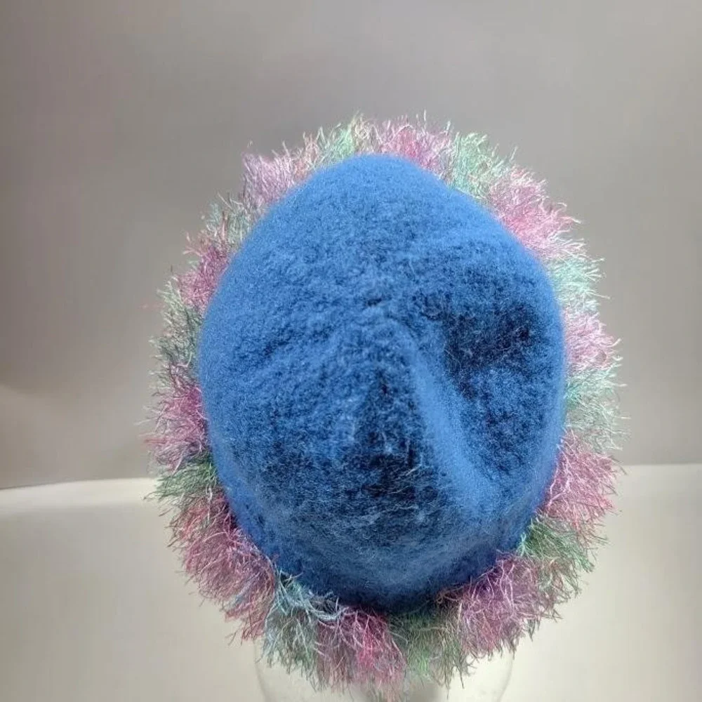 Fur Trim Hat Cloche Fitted One Size Blue Multicolor Felt Womens Winter Cozy